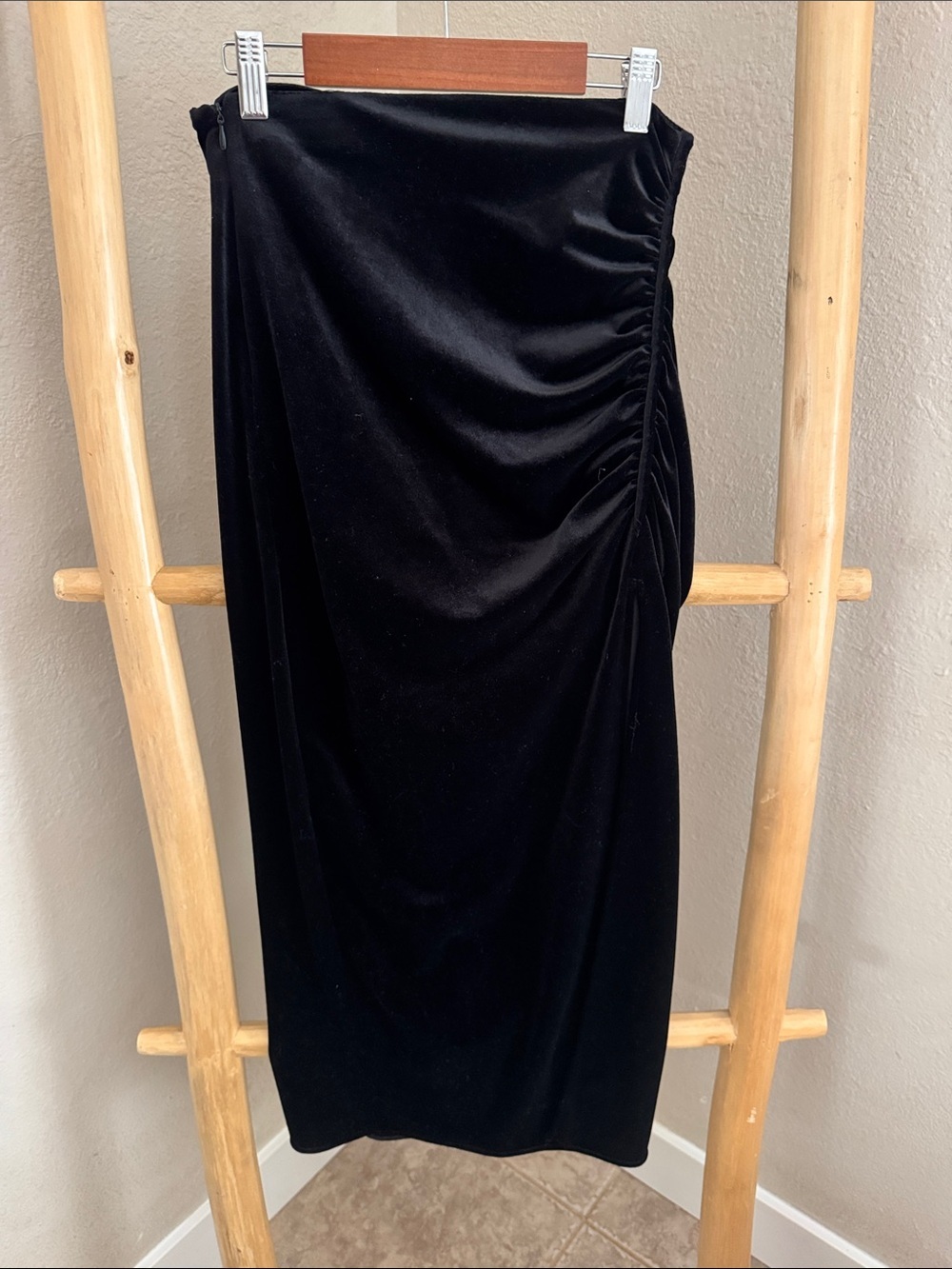 Zara Black Ruched Velvet Midi Skirt